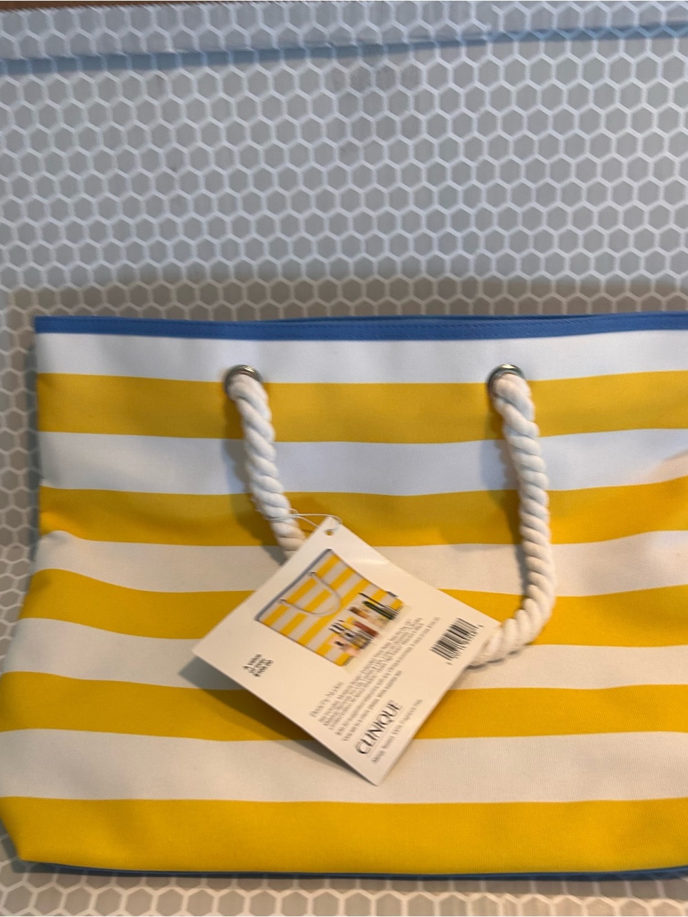 NWT Clinique Yellow and White Striped Rope-Handle Tote